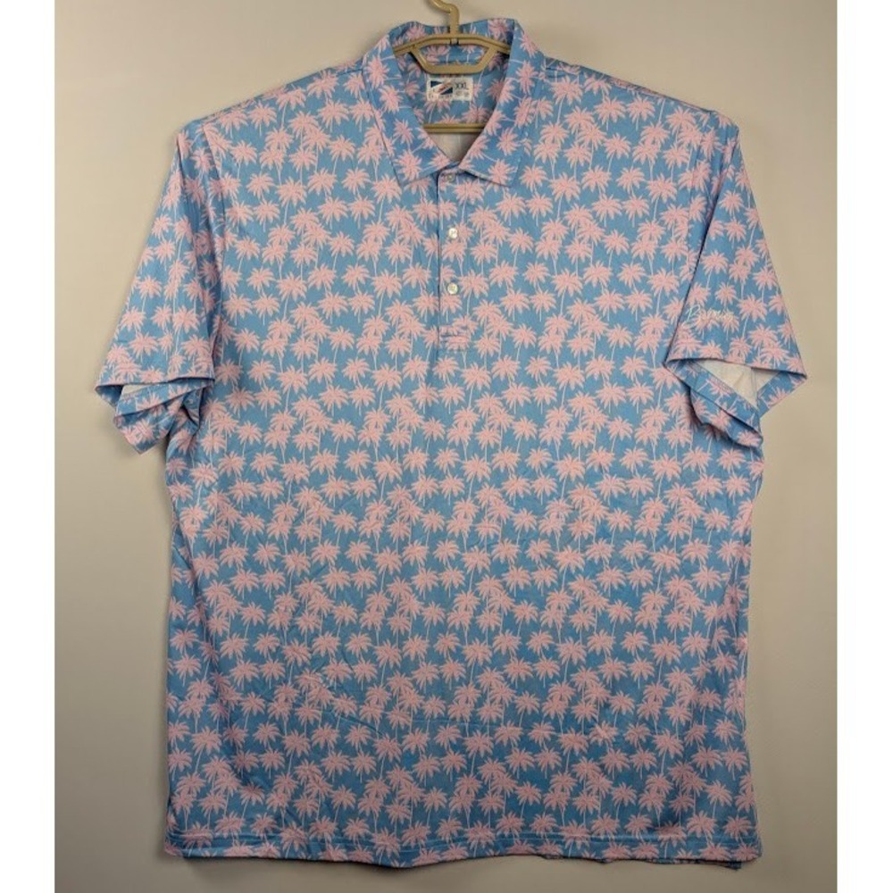 Bermies Golf Shirt Men XXL Blue Pink Palm Tree UPF+50 Stretch performance